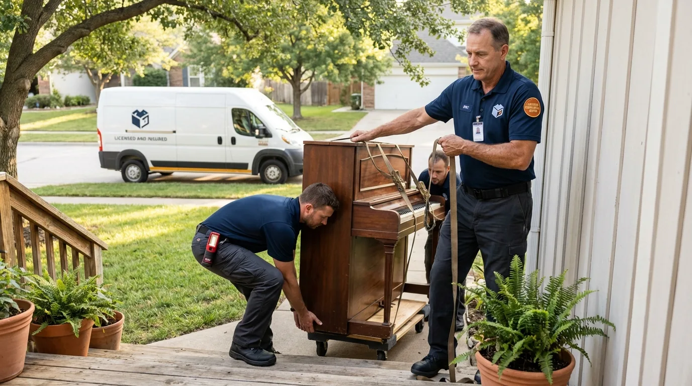 Licensed piano movers securing grand piano in Lyndonville, VT