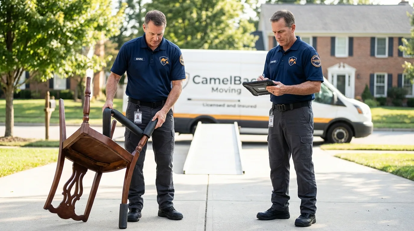 Movers inspecting furniture for damage prevention before loading in Lyndonville, VT