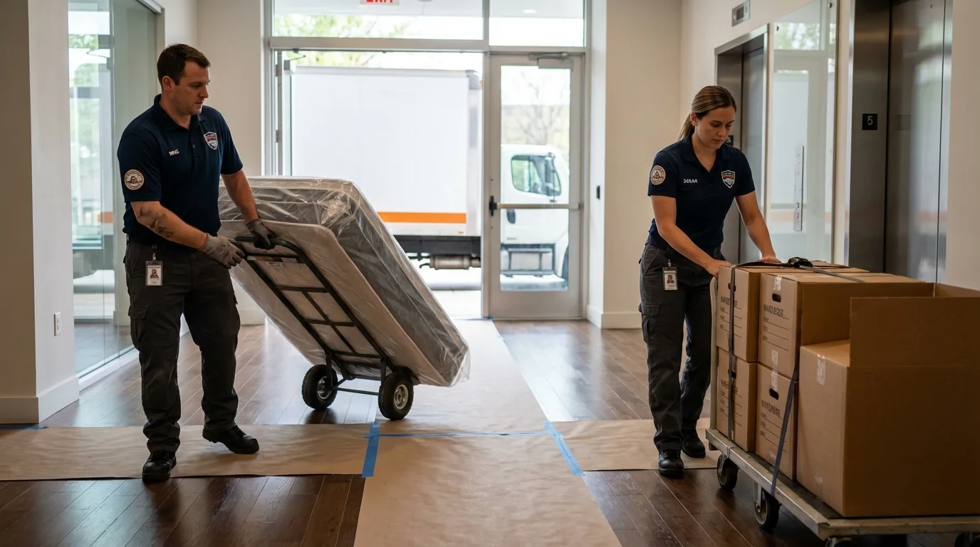 Professional apartment movers loading elevator in Lyndonville, VT