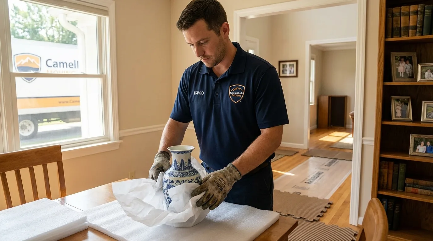 Professional crew carefully wrapping antique vase for senior downsizing move in Lyndonville, VT