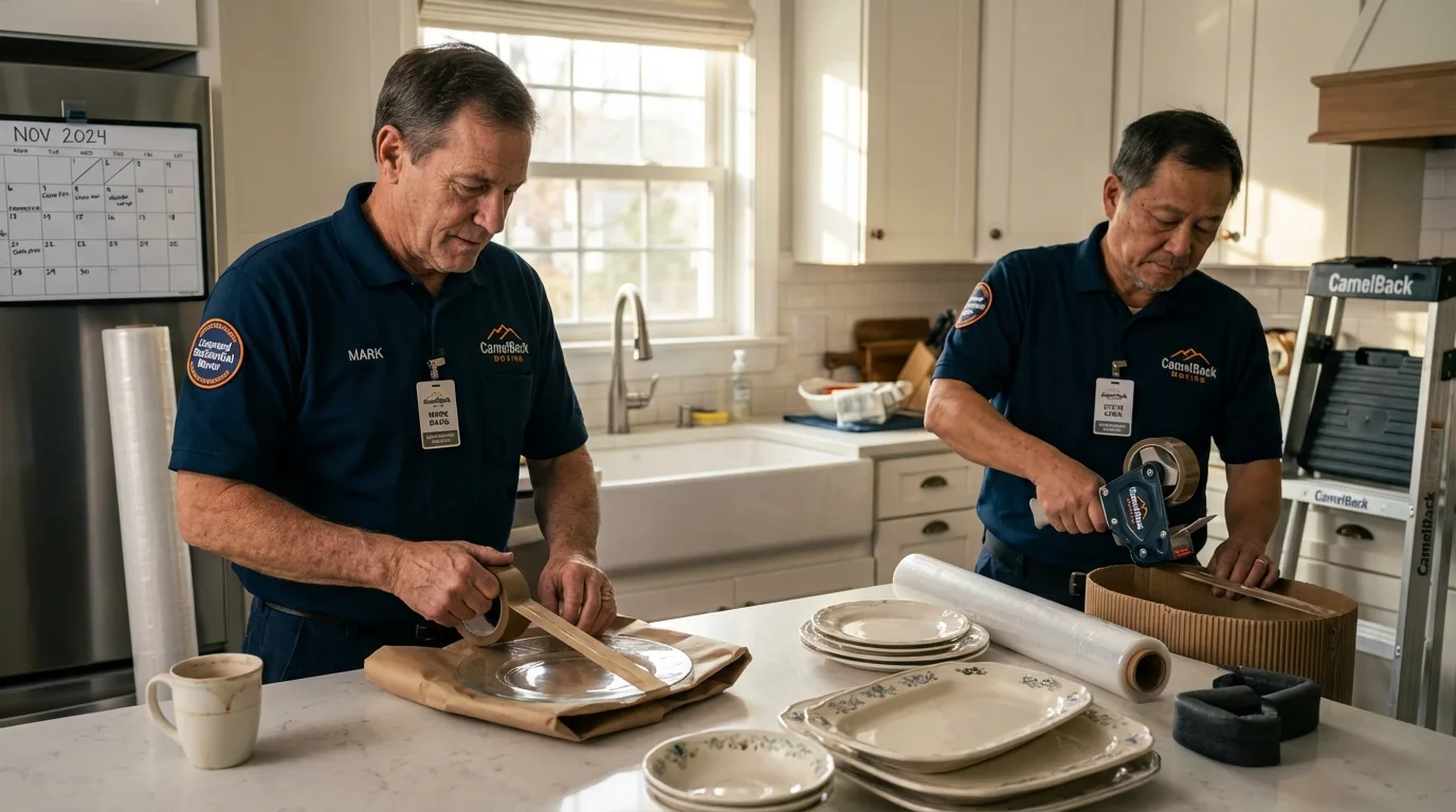 Professional crew packing kitchen dishware in Lyndonville, VT
